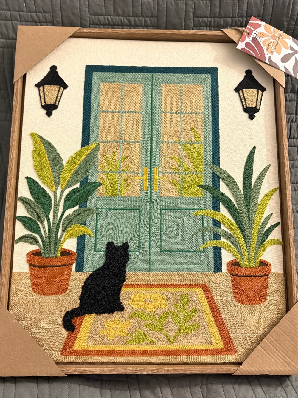 NEW BP Home Woven Embroidery Wall Art Black Cat at Door Plants 17"x21
